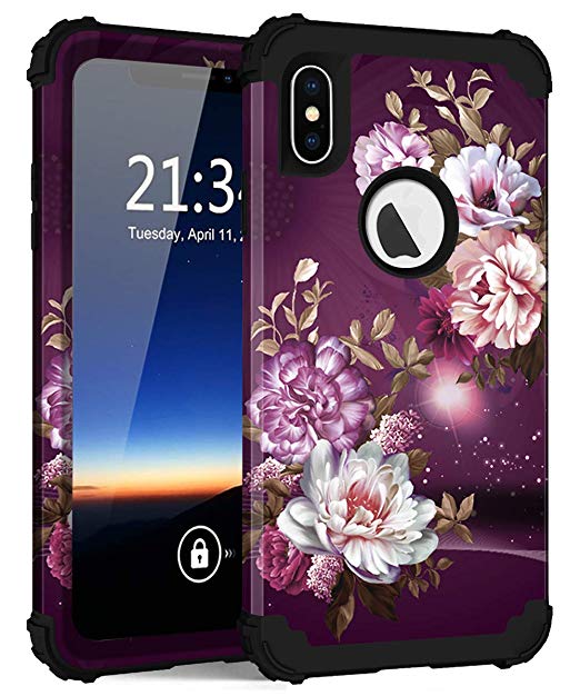 iPhone Xs Max Case, Hocase Shockproof Heavy Duty Protection Hard Plastic Cover Silicone Rubber Case Hybrid Dual Layer Protective Phone Case for iPhone Xs Max 2018 - Burgundy Flowers