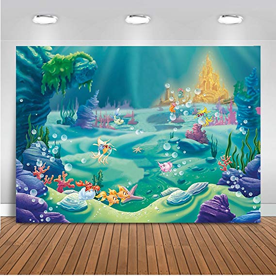 Mehofoto Under Sea Mermaid Backdrop Castle Blue Sea Grass Shell Photography Background 7x5ft Vinyl Child Kids Baby Birthday Party Decoration Backdrops