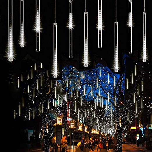 Syka Falling Rain Lights White, Meteor Shower Lights with 11.8 inch 8 Tubes 144 LEDs Rain Drop Lights, Outdoor Icicle Snow Cascading Christmas String Lights for Tree Holiday Wedding Party Thanksgiving