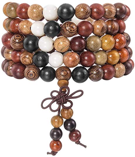 INBLUE Men,Women's 8mm Wood Bracelet Link Wrist Necklace Chain Tibetan Buddhist Sandalwood Bead Prayer Buddha Mala Chinese Knot Elastic