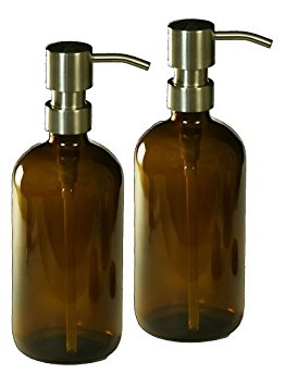 Large Amber Glass Bottles With Stainless Steel Hand Pumps For Use With Lotions, Body Wash, Soaps and More (2 - 16 oz Bottles) (Brushed Nickel)