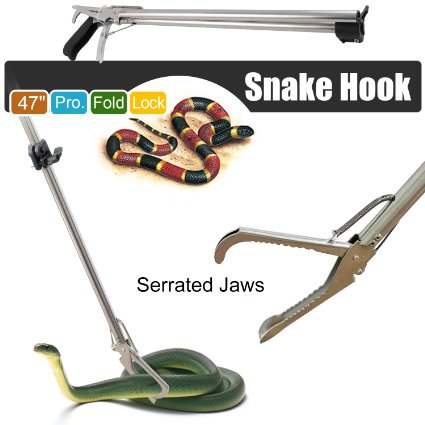 Gotobuy - 47" Professional Collapsible Extra Heavy Duty Reptile Snake Tongs Snake Catcher Stick Rattlesnake Catcher & Grabber Pick-up Handling Tool, Zigzag Wide Jaw, Stainless Steel, Silver