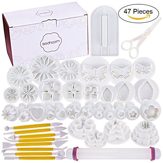 47 pcs Fondant Cutters Tools Sedhoom Catalina Fondant Molds Cake Decorating Tool Set with Rolling Pin Smoother Embosser Moulds