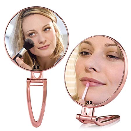 Tinland Handheld Mirror 1X/3X Magnification Folding Handle Stand Double-Sided Table Makeup Vanity Mirror Compact Travel Bathroom Skin Care 5.9in(Round, Rose Gold)