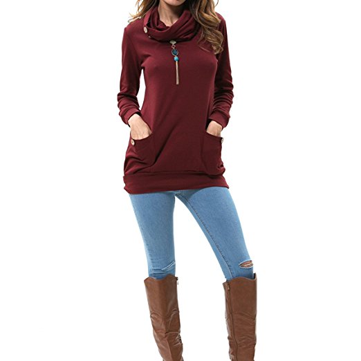 levaca Womens Long Sleeve Button Cowl Neck Casual Slim Tunic Tops With Pockets