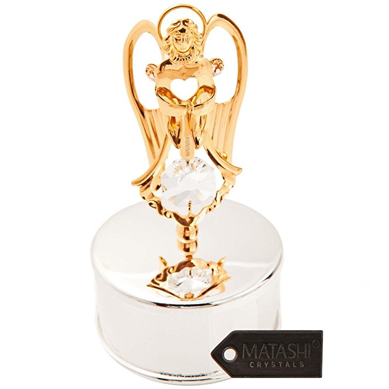 24K Gold and Silver Jewelry Box with Crystal Studded Praying Angel Figurine by Matashi