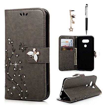 LG G5 Case Wallet, MOLLYCOOCLE PU Leather Wallet Bling Crystal Diamonds Butterfly Embossed Florals Kickstand Magnetic Flip Case Card Holders Slots & Hand Strap Case Cover for LG G5 -Gray