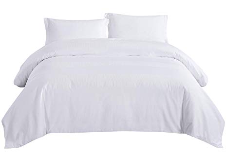 PHF Cotton Waffle Duvet Cover Set Lightweight with Sateen Stripes Hotel Luxury Bedding Set 3 Pieces Queen Size White