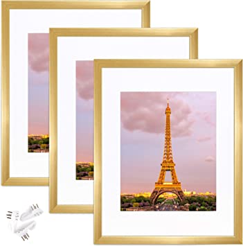 upsimples 11x14 Picture Frame Set of 3, Made of High Definition Glass for 8x10 with Mat or 11x14 Without Mat, Wall Mounting Photo Frames, Gold