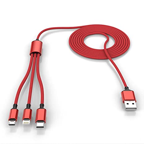 Multi 3 in 1 USB Extra Long Cable, 3M/10Ft Nylon Braided Universal Phone Charger Cord Type C/Micro USB/iPhone Lightning Connector for Android/Tablets/Samsung S8/LG/Pixel/Huawei and More (Red)