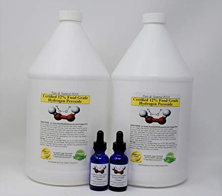 Certified 35% Reduced to 12% PHP Food Grade Hydrogen Peroxide - Two Gallons + 2 Pre-Filled Dropper Bottle by Pure Health Discounts. Recommended by One Minute Cure & Power of Hydrogen Peroxide.