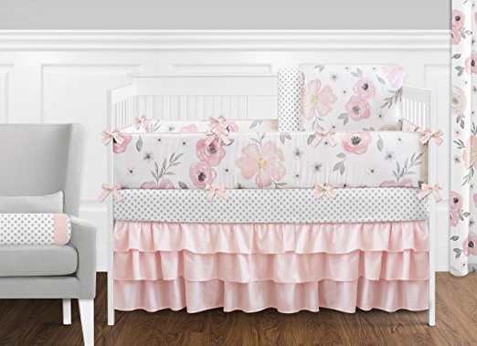 Sweet Jojo Designs 9-Piece s. Blush Pink, Grey and White Shabby Chic Watercolor Floral Baby Girl Crib Bedding Set with Bumper Rose Flower Polka Dot
