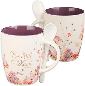 Christian Art Gifts Coffee and Tea Scripture Mug with Ceramic Spoon Set for Women: Be Still and Know - Psalm 46:10 Inspirational Bible Verse Message Hot & Cold Beverage, Purple/White Floral, 12 oz.