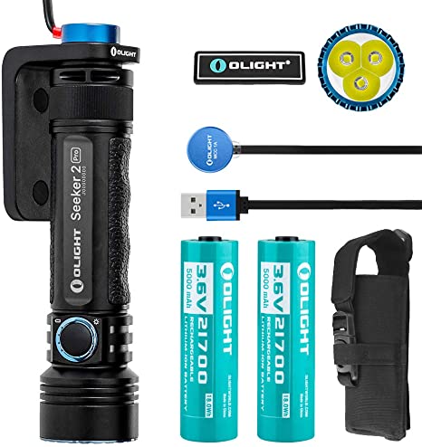 Olight® Seeker 2 PRO 3200 Lumens Powerful Rechargeable Flashlight, L-Dock Charging with 2x21700 5000mAh Battery, Side Switch Tactical Light for Law Enforcement Outdoors, 2 Battery Pack with Olight Patch