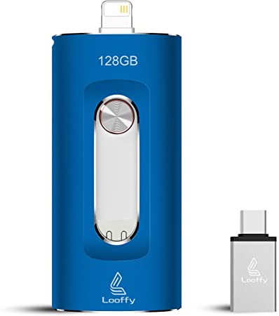 Photo Stick, USB Flash Drive, Looffy USB 3.0 Thumb Drives Memory Stick with Double-Sided Jump Drive Photostick Mobile Compatible for iPhone/iPad/PC/Type C/Android Password/Touch ID Protected Blue