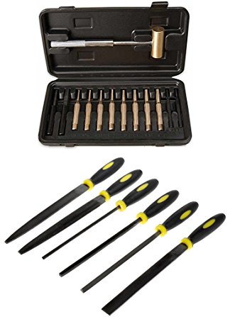 Ultimate Arms Gear Gunsmith & Armorer's 6pc Steel Needle Files Trimming File Lapidary Rasp Tool Set Kit   Brass Hammer and Steel, Nylon & Brass Pin Punch Set with Fitted Storage Case