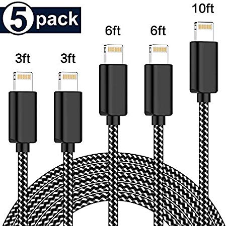 MFi Certified iPhone Charger Lightning Cable 5 Pack [3/3/6/6/10FT] Extra Long Nylon Braided USB Charging & Syncing Cord Compatible iPhone 6S Plus/7/7Plus/8/8Plus/X/Xs//XR/Max/SE/iPad/Nan More