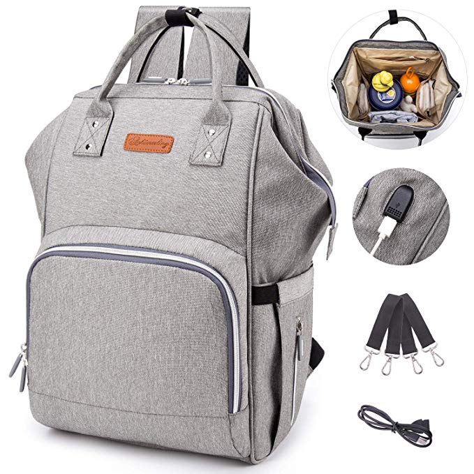 Diaper Bag Backpack with USB Charging Port, Multi-Function Waterproof Baby Nursing Nappy Travel Backpack with Large Capacity, Lightweight, Stylish and Durable for Travelling with Baby (grey)