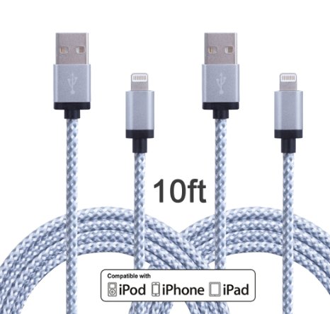 WechargeTM 2 Pack 10FT Durable Nylon Braided Lightning Cables Syncing and Charging Cord with Aluminum Connector for iPhone 6s plus 6s 6 plus 6 5s 5c 5 iPad Air iPad Mini iPod White