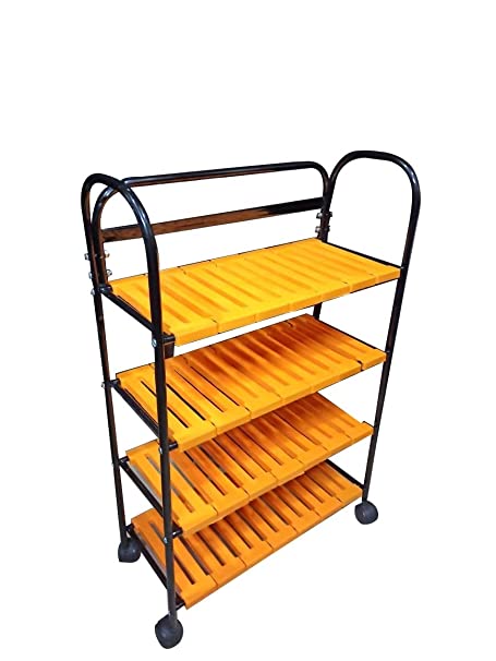 Universal Multi-Purpose Classic ACE Metal Foldable Shoe Rack with Shelves with Wheels (Plastic Steps and Powder Coated Rods, Mango) (4 Steps)