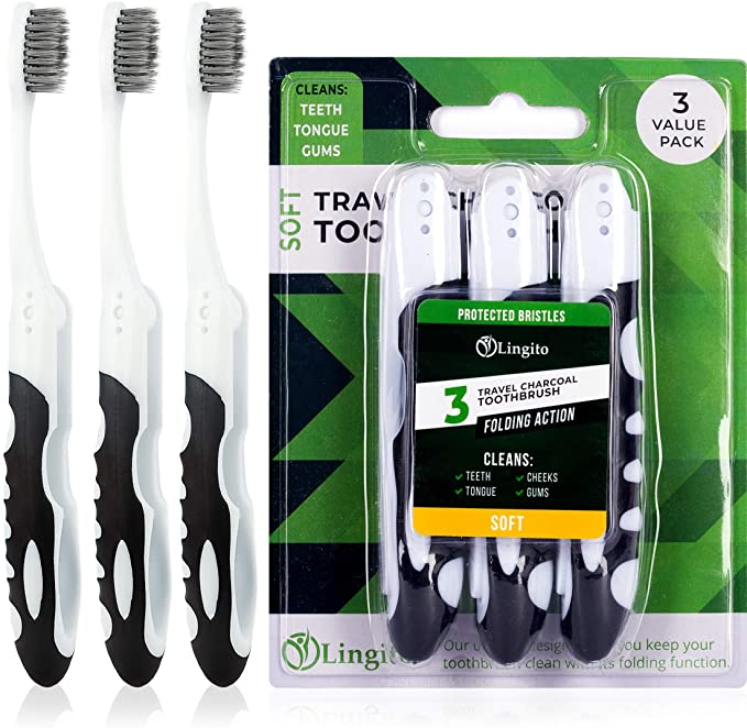 Charcoal Toothbrush, Travel Toothbrush, Portable Toothbrush Built in Cover, Travel Size Toothbrush For Hiking, Camping, Traveling, Folding Toothbrushes, Collapsible Travel Toothbrush Kit (3 Pack-Soft)