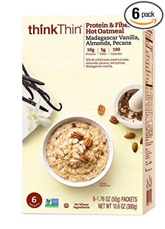 Oatmeal Packets by thinkThin, Instant Protein & Fiber Hot Oatmeal for On The Go- 10g Protein, 5g Fiber, Vegan - Madagascar Vanilla with Almonds and Pecans, 1.76 oz Packets (6 Boxes/6 Packets Per Box)