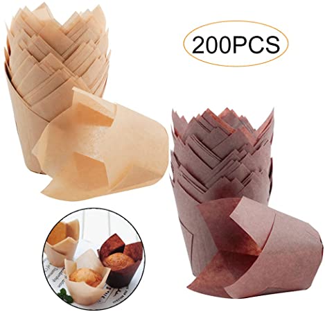200 Pcs Tulip Cupcake Liners, Cooyeah Baking Cup Holder Muffin Paper Liners Grease-Proof Wrappers for Wedding, Birthday Party,Brown and Natural Color