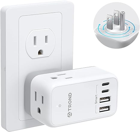 TROND USB C Rotating Outlet Extender, Wall Outlet Splitter with 3 Plug Expander 4 USB Charging Ports (2 USB C), Cruise Travel Essentials, 3 Way Small Flat Swivel Power Strip for Home Office Hotel Dorm