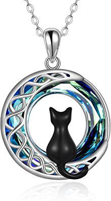 YFN Cat Necklace for Girls Sterling Silver Crystal Celtic Moon Cat Pendant Irish Jewellery Gifts for Women