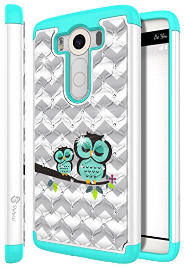 LG V10 Case, Style4U Cute Owl Studded Rhinestone Crystal Bling Hybrid Armor Case Cover for LG V10 with 1 Style4U Stylus [White / Teal]