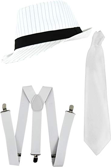 GANGSTER SET FANCY DRESS ACCESSORY COSTUME DELUXE KIT WHITE PINSTRIPE TRILBY HAT   BLACK OR WHITE BRACES AND TIE MOB GANGSTER MEN AL CAPONE
