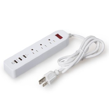 [New] Fleck 3 AC Outlets   3 USB Ports USA Travel Power Strip Surge Protector , 1625W/13A Electrical Socket 6 Feet Cord for iPhone, Samsung, iPad And More Other Smartphone and Tablet (White)