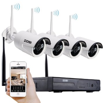 ZOSI 1280* 720P HD Wireless 1MP Outdoor Security Network Camera with 4 Channel 960P Wifi NVR CCTV Surveillance Systems Support Smartphone Remote view NO Hard Disk, 100' Night Vision