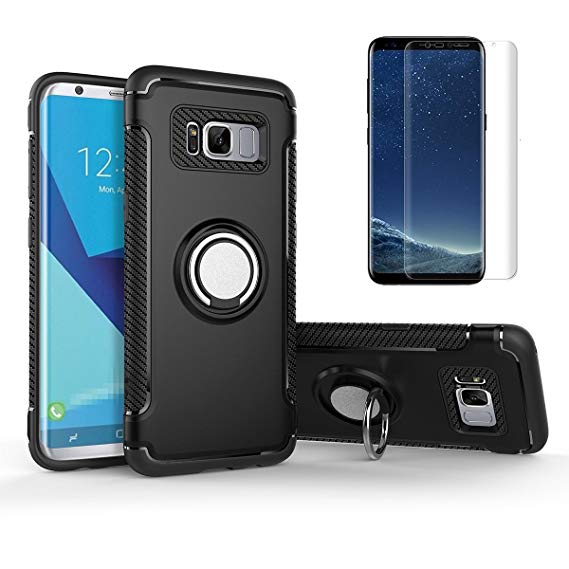 for Samsung Galaxy S8 Case with Screen Protector ,OYIME [Soft Rubber Hard Plastic] Dual Layer Hybrid with 360 Degree Rotating Ring Holder Kickstand and Car Magnetic Back Drop Protection Cover - Black