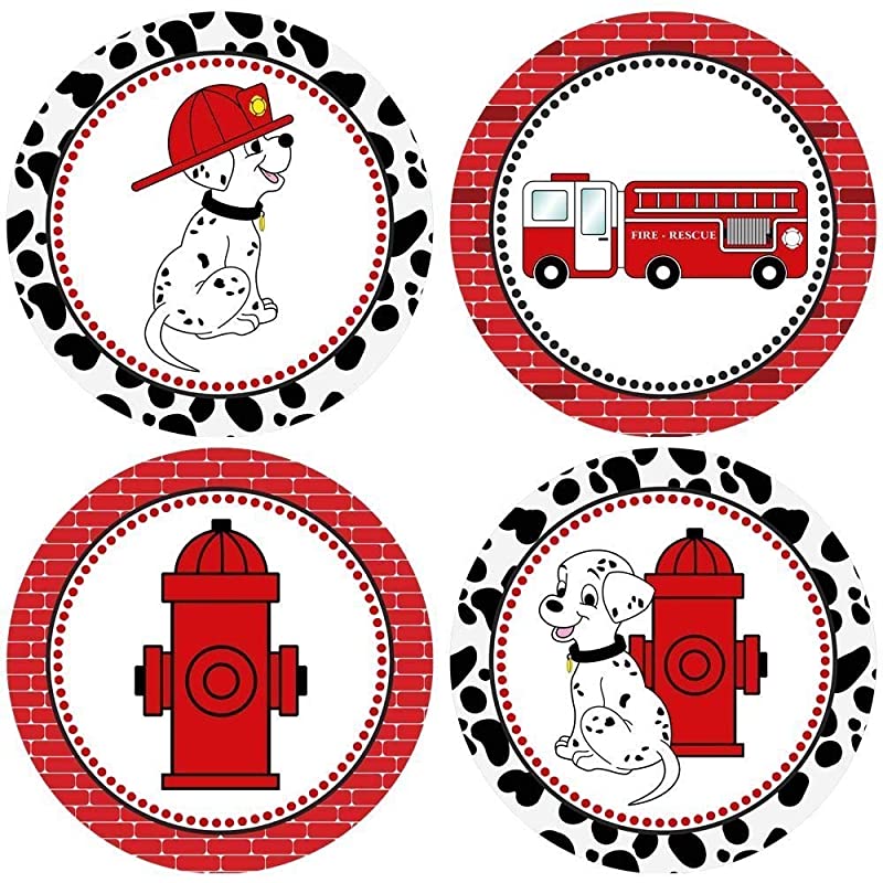 Firefighter Sticker Labels - Fire Truck Dalmatian Dog Kids Boy Girl Party Favor Labels - Set of 50