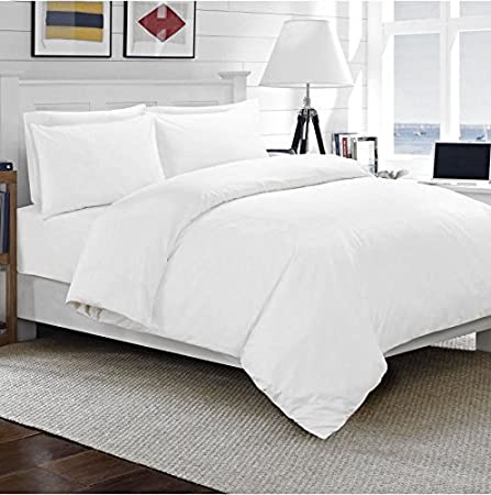 RAYYAN LINEN Percale 3pcs White Plain Dyed Duvet Quilt Cover Bed Set with Pair of Pillowcases [White, Double]