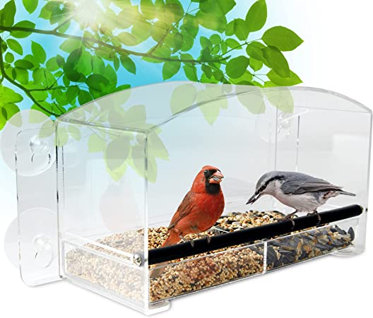 Clear Views Window Bird Feeder, Large Wild Birdfeeder with Drain Holes, Removable Tray, Super Strong Suction Cups, Transparent Viewing, Covered, High Seed Capacity, Rubber Perch