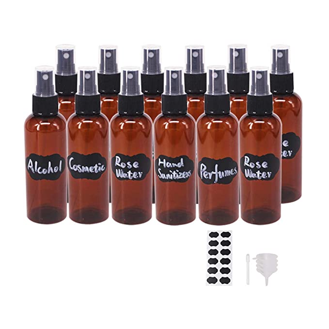 BPFY 12 Pack 4oz Amber Plastic Spray Bottles For Essential Oils, Perfumes, Cosmetics, Hand Sanitizers, Alcohol, Mini Travel Bottle, Small Refillable Liquid Containers with Funnels, Chalk Labels, Pen