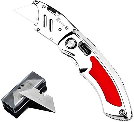 Rbaysale Heavy Duty Folding Utility Knife, Retractable Pocket Cutter Chrome Box Plywood Cutter with 5 Replaceable Blades Safe Lock Design Easy Release Button 160g 60x18MM