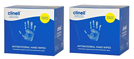 Clinell CAHW100 Antimicrobial Hand Wipes, Sachets (Pack of 100) - 2 Pack