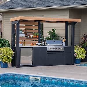 Backyard Discovery Fusion Flame Outdoor Kitchen, with 38 inch 5-burner grill with sear zone plus infrared rotisserie burner and outdoor rated refrigerator