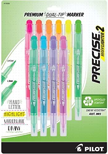 PILOT Precise Marklighter2 Dual Tip Highlighters, Assorted Colors, 10 Count (16988)