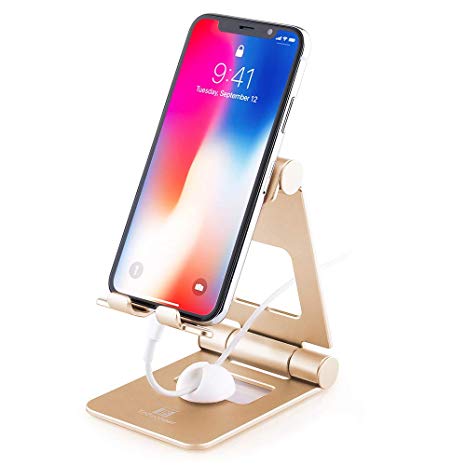 Cell Phone Stand Adjustable, ToBeoneer T8 Desk Phone Holder [Upgraded] Multi-Angle Phone Dock Thicker Wider Taller for All Mobile Phone Tablet [Up to 10 in] Home Office Décor Accessories, Gold