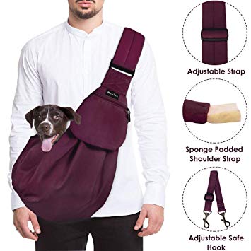 SlowTon Pet Carrier, Hand Free Sling Adjustable Padded Strap Tote Bag Breathable Cotton Shoulder Bag Front Pocket Safety Belt Carrying Small Dog Cat Puppy Machine Washable (Wine Red)