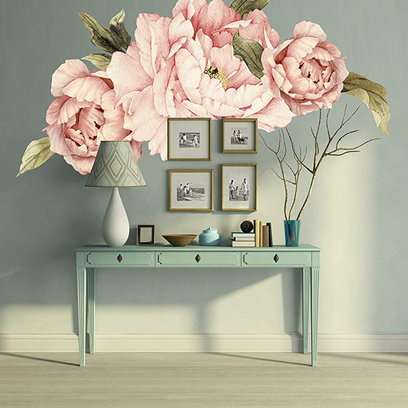 Murwall Pink Peonies Wall Decals Floral Wall Decal Peel and Stick Wallpaper Sticker