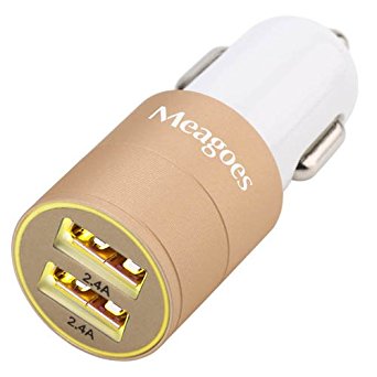 Meagoes Fast USB Car Charger Adapter (4.8A / 24W), with Dual Smart Ports for Apple Iphone 6s/6s Plus/6/6 Plus/5s/5c/5/4s/4, Ipad, Ipod, Samsung Galaxy S6 Edge/S6/S5/S4/Note 4, and More [Gold]