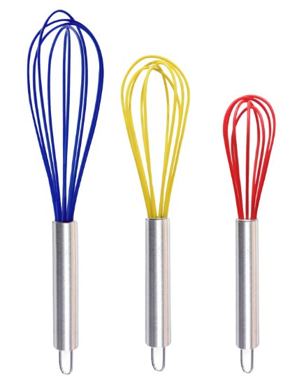 Ouddy Silicone Whisk Balloon Whisk Set Wire Whisk Egg Frother Milk and Egg Beater Blender - Kitchen Utensils for Blending Whisking Beating Stirring Set of 3 RedYellow Blue