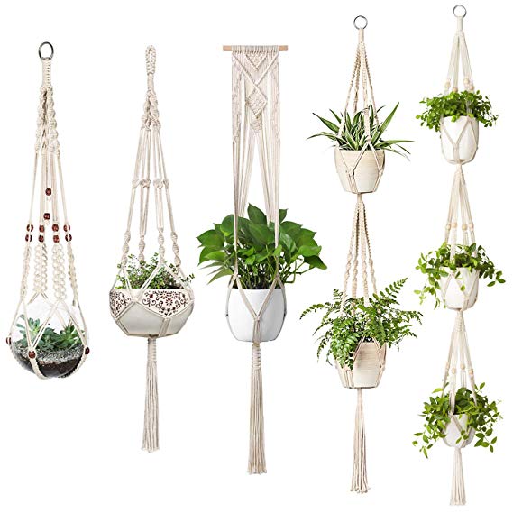 Mkono Macrame Plant Hangers, 5 Pack Different Tiers Indoor Hanging Planters Set Flower Pots Holder Stand Boho Home Decor