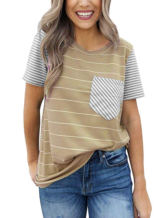 MEROKEETY Women's Summer Striped Short Sleeve Contrast Color Casual T-Shirt Tops with Pocket