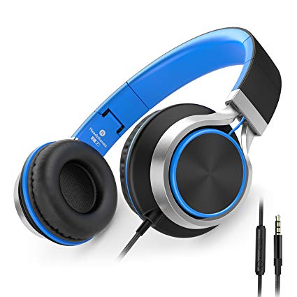 AILIHEN C8 Headphones with Microphone and Volume Control Folding Lightweight Headset for Cellphones Tablets Smartphones Laptop Computer PC Mp3/4(Black/Blue)